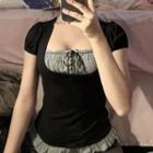Two Tone Puff Sleeve Skinny Top