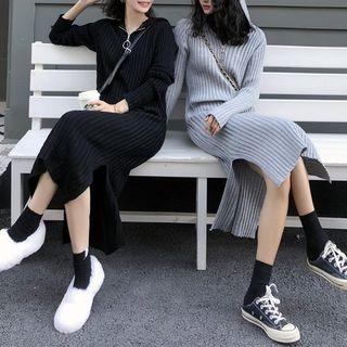 Rib Knit Slit Midi Hoodie Dress