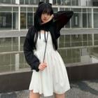 Set: Ear Accent Cropped Hoodie + Spaghetti-strap A-line Mini Dress Hoodie - Black - One Size / Dress - White - One Size