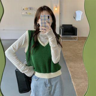 Mock-neck Long-sleeve Lace Top / Sweater Vest