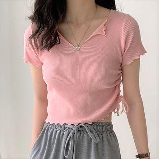 Short-sleeve Ruffle Trim Knit Crop Top