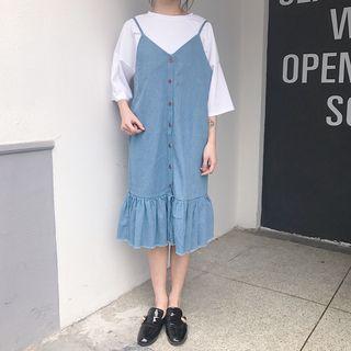 Ruffle Hem Buttoned Strappy Denim Pinafore Dress