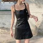 Chain Strap Faux Leather Mini A-line Dress