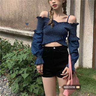 Cold-shoulder Cropped Blouse Dark Blue - One Size