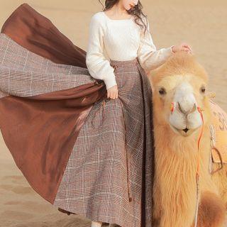Long-sleeve Knit Top / Plaid Paneled Maxi A-line Skirt