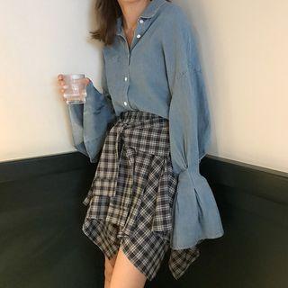 Trumpet Cuff Denim Shirt / Plaid Tie-waist A-line Skirt