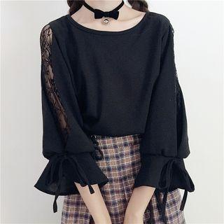 3/4-sleeve Lace Panel Top / Plaid A-line Skirt
