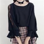 3/4-sleeve Lace Panel Top / Plaid A-line Skirt
