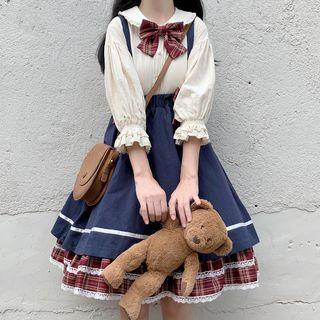 3/4-sleeve Shirt / Plaid Bow / Suspender Skirt / Set
