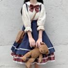 3/4-sleeve Shirt / Plaid Bow / Suspender Skirt / Set