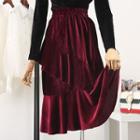 Velvet Tiered Midi A-line Skirt