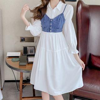 Set: Plain Midi A-line Shirtdress + Denim Cropped Camisole Top