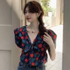 Puff-sleeve Floral Blouse Red Floral - Navy Blue - One Size