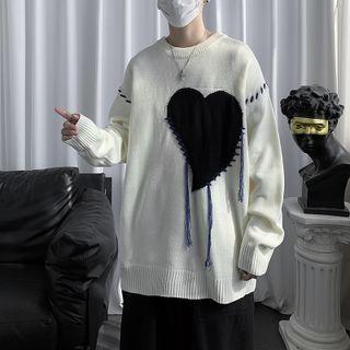 Heart Print Contrast Stitching Sweater
