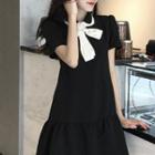 Short-sleeve Ribbon-accent A-line Mini Dress Black - One Size