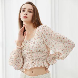 Puff-sleeve Sqaure Neck Floral Print Ruffled Cropped Top