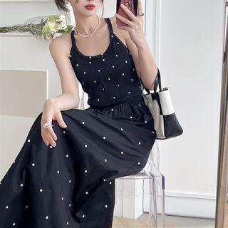 Dotted Open Back Spaghetti-strap Dress Black - One Size