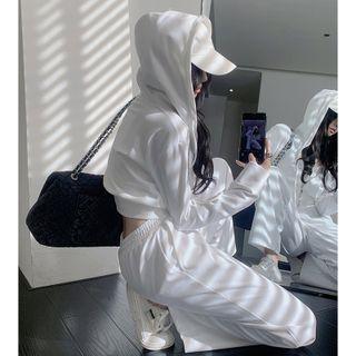 Set: Velvet Hooded Crop Jacket + Wide-leg Sweatpants