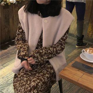 Floral Long-sleeve Midi Dress / Fleece Vest