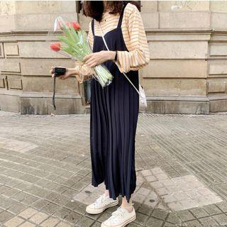 Long-sleeve Striped T-shirt / Midi Pinafore Dress