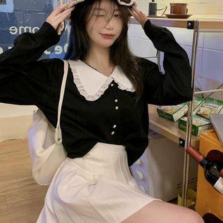 Long-sleeve Wide-collar Knit Top / Pleated Mini A-line Skirt