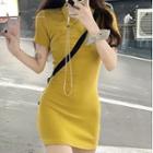 Short-sleeve Polo Collar Slant Button Plain Dress