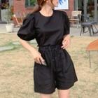 Set: Puff-sleeve Cropped Top + Drawstring-waist Shorts