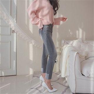 Roll-up Detail Washed Tapered Jeans