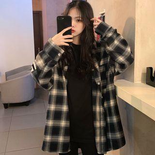 Long-sleeve Letter Plaid Shirt Plaid - Black & White - One Size