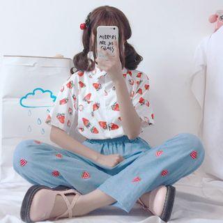 Strawberry Print Short-sleeve Shirt / Straight-cut Jeans