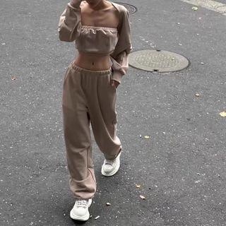Set: Plain Square-neck Long Sleeve Cropped Top + Plain High-waist Sweatpants
