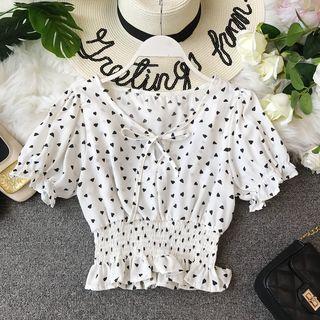 Heart Print Short-sleeve Chiffon Crop Top