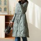 Hooded Duck Down Quilted Coat With Sash
