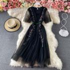 V Neck Embroidered Mesh Maxi Dress