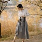 Long-sleeve Button-up Knit Top / Lace-up Midi A-line Skirt / Set