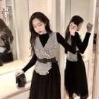 Plain Long-sleeve Slim-fit Knit Top / Tweed Panel Mesh Dress