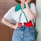 Contrast Collar Cherry Embroidered Knit Top