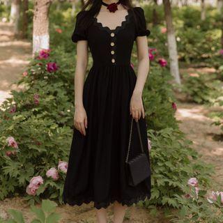 Short-sleeve Scalloped Midi A-line Dress