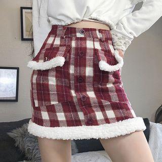 Fleece Trim Plaid Mini Fitted Skirt