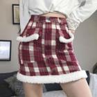 Fleece Trim Plaid Mini Fitted Skirt