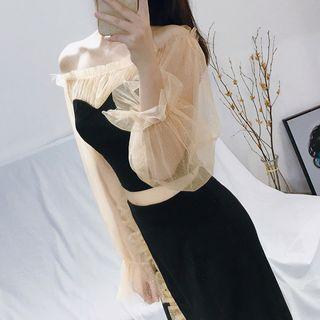 Set: Mesh Panel Off-shoulder Top + Asymmetric Pencil Skirt