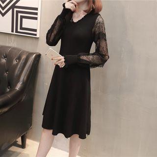 Lace Panel Long-sleeve Knit A-line Dress