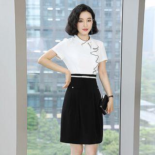 Short-sleeve Color Block Ruffle Sheath Dress