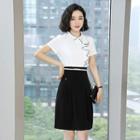 Short-sleeve Color Block Ruffle Sheath Dress