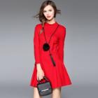 Stand-collar Long-sleeve Pleated Dress