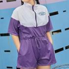 Set: Plain Bikini + Color Block Short-sleeve Playsuit