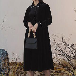 Contrast-trim Velvet Long-sleeve Dress