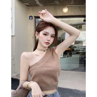 One-shoulder Knit Crop Tank Top Brown - One Size