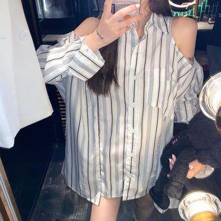 Striped Cold-shoulder Long-sleeve Shirt
