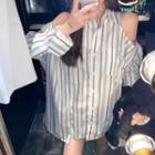 Striped Cold-shoulder Long-sleeve Shirt